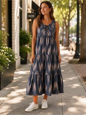 Cotton & Rye Blue and Beige Tiered Midi Dress with Tie Neck Size S